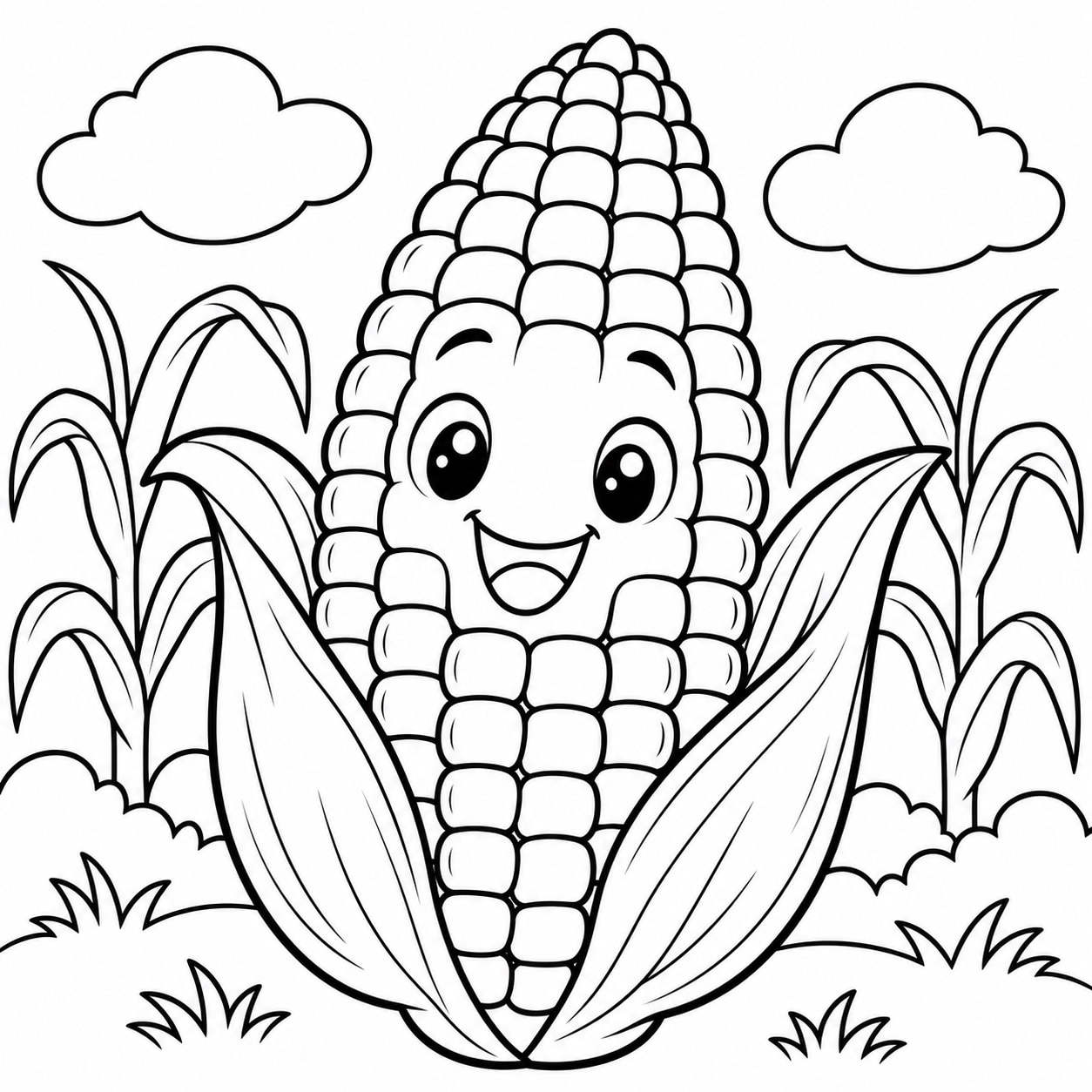 Black-and-white line drawing of a smiling corn cob with peeled husks, large kernel rows, and two leaves.