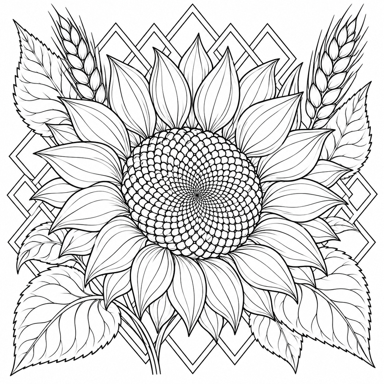 Black-and-white line art of a sunflower with layered geometric petals, a spiral seed head, leaves, and wheat stalks.