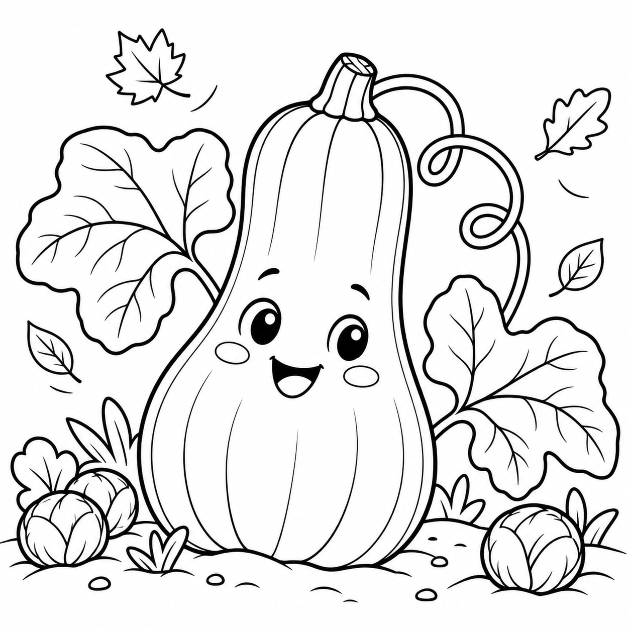 Black-and-white line drawing of a smiling butternut squash with two large leaves and a curling vine.