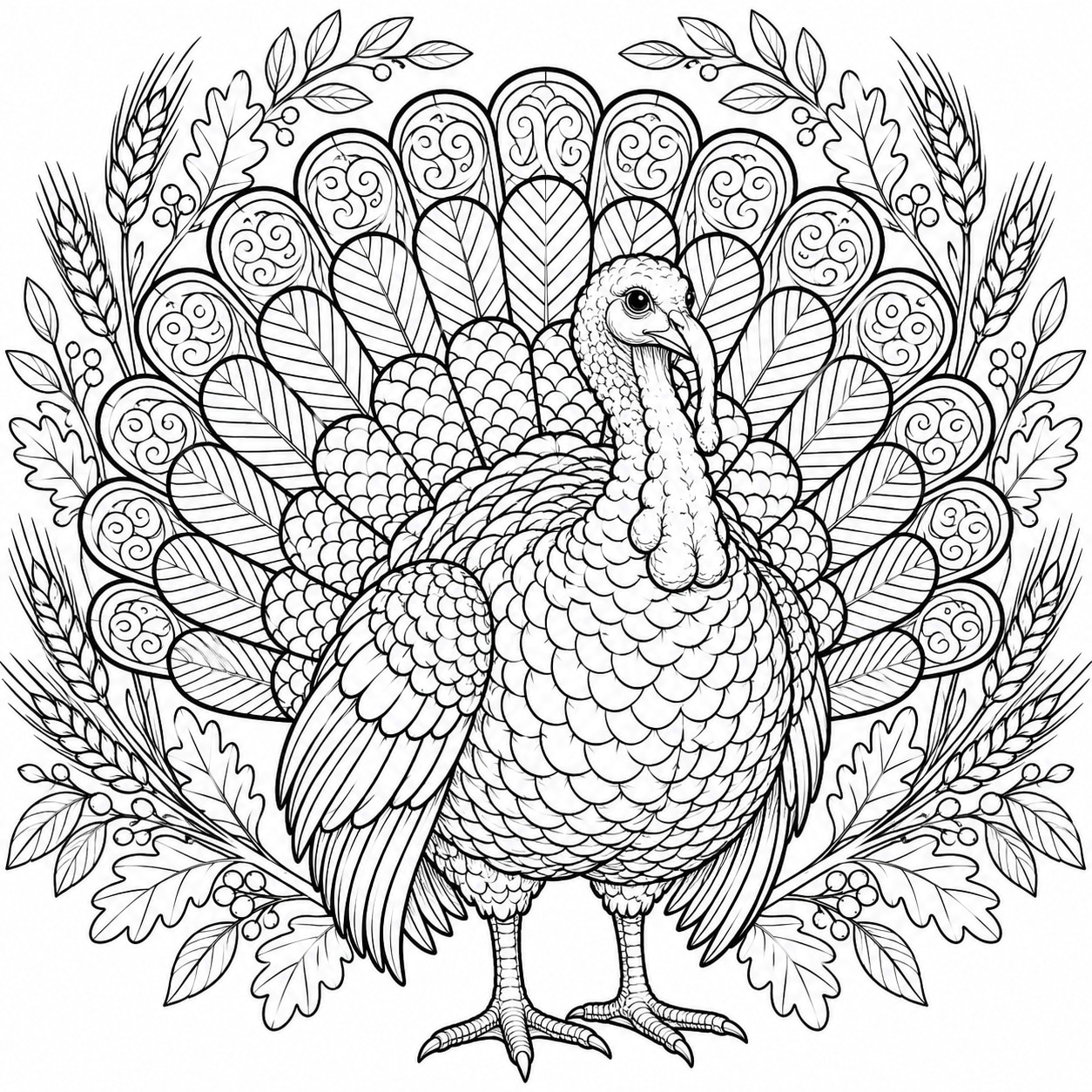 Black-and-white line art of a turkey with a fanned tail of layered feather rows, each filled with scales, stripes, or spirals.