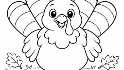 Black-and-white line drawing of a round smiling turkey with five large rounded feathers and a few leaves on the ground.