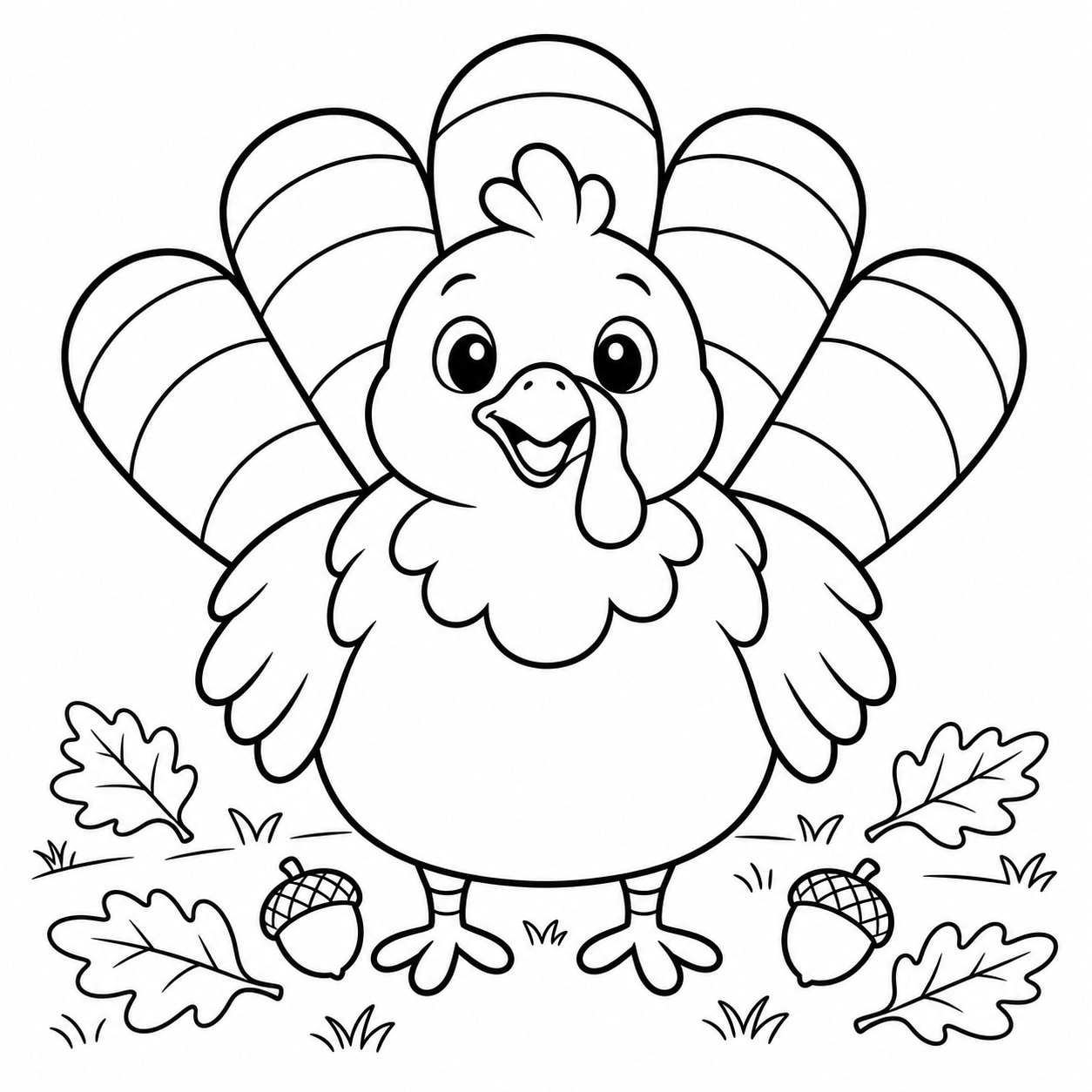Black-and-white line drawing of a round smiling turkey with five large rounded feathers and a few leaves on the ground.