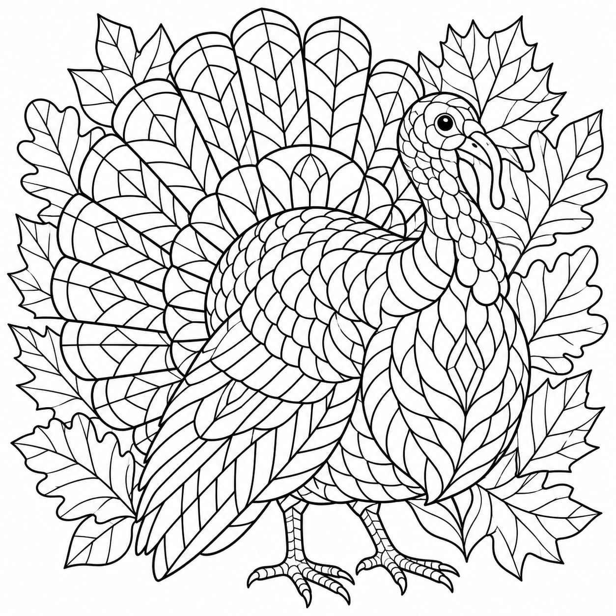 Black-and-white line art of a turkey made of stained-glass-style panels separated by bold lines, with leaf-shaped panels behind it.