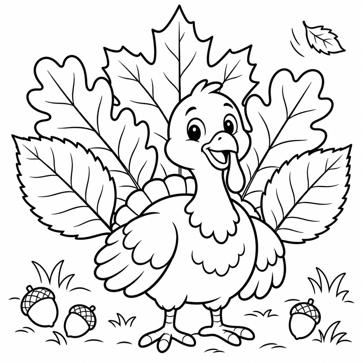 Black-and-white line drawing of a smiling turkey whose tail feathers are large maple, oak, and birch leaves.