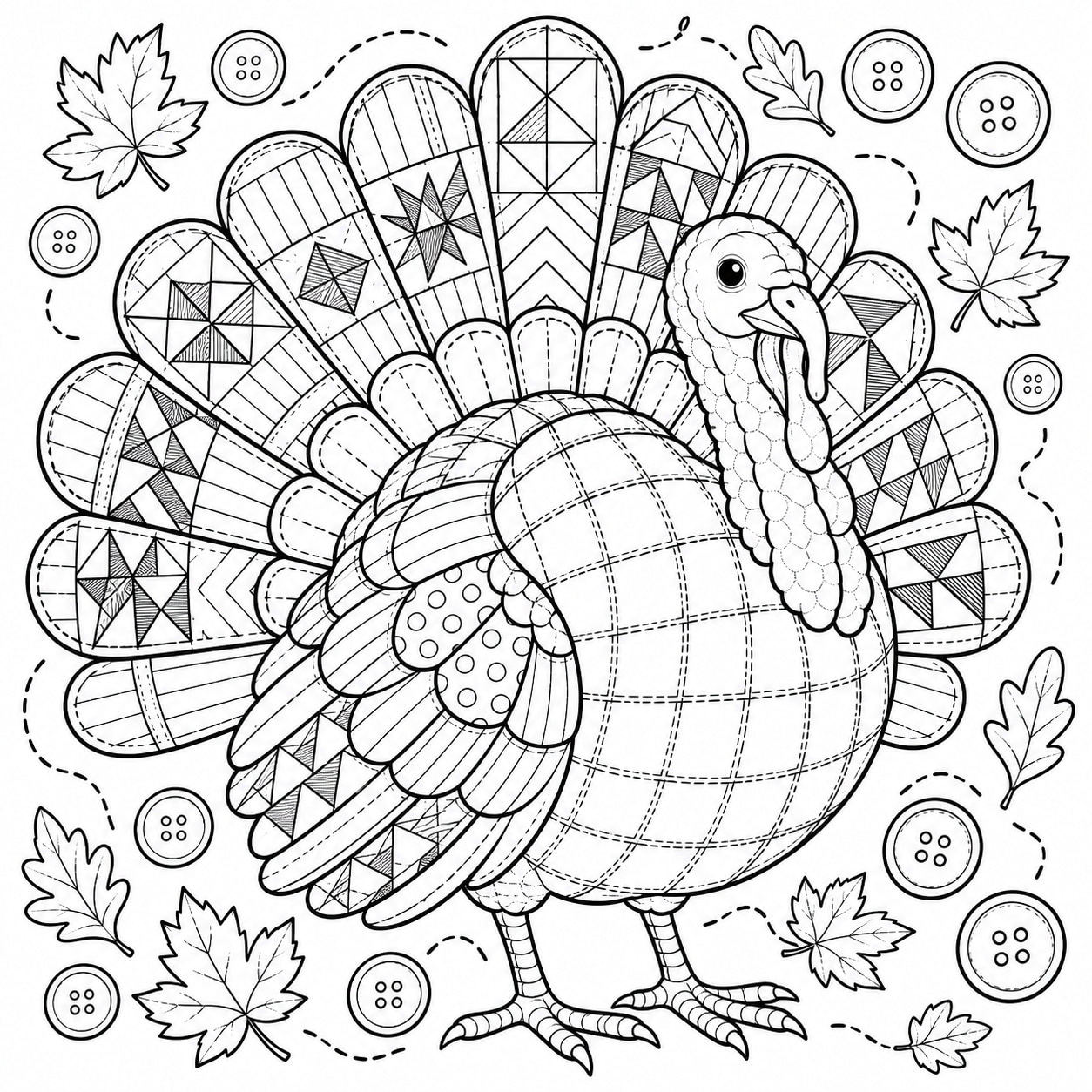 Black-and-white line art of a turkey with a patchwork quilt-block tail and a stitched grid pattern on its body.