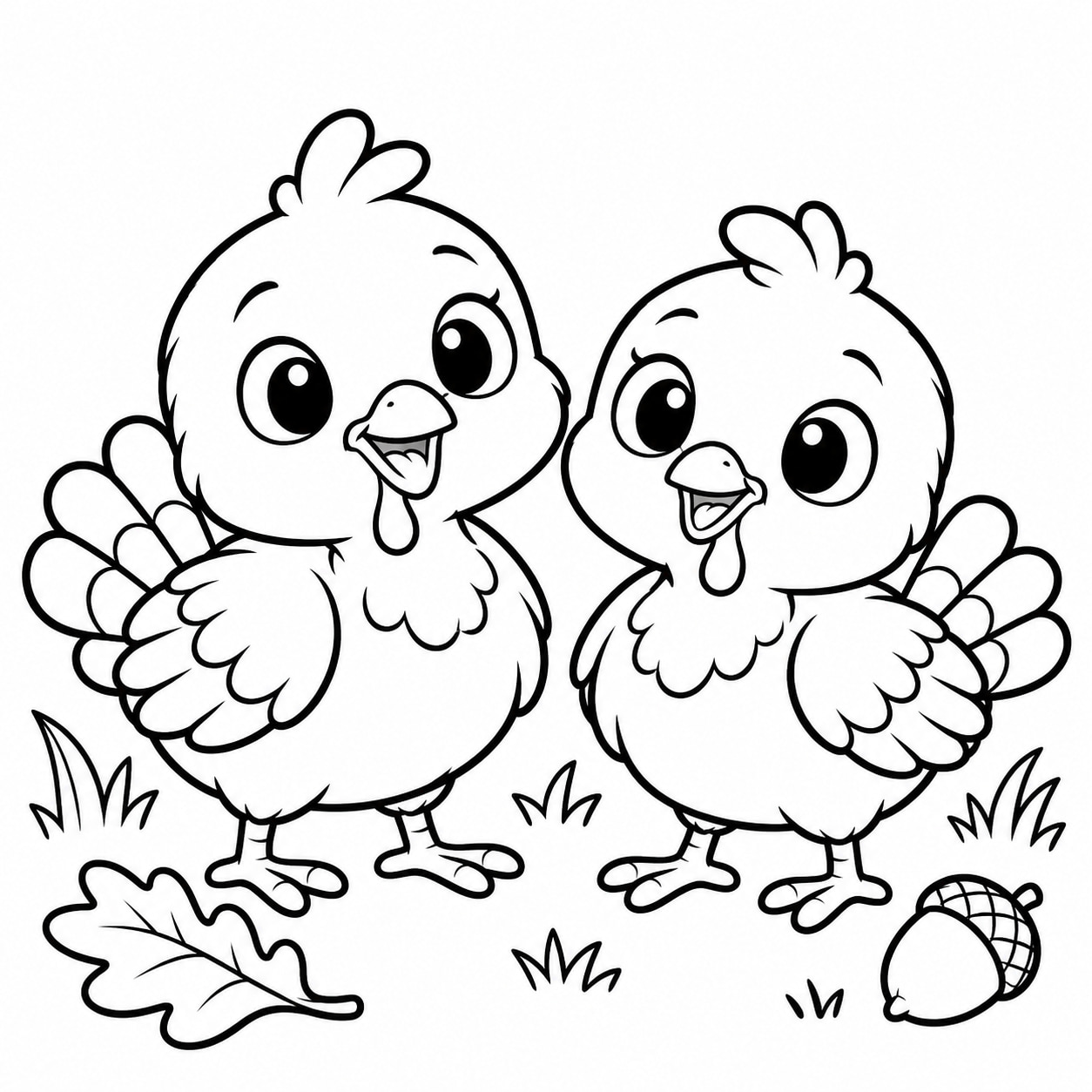 Black-and-white line drawing of two round turkey chicks with big eyes, tiny tail tufts, grass blades, and an acorn.