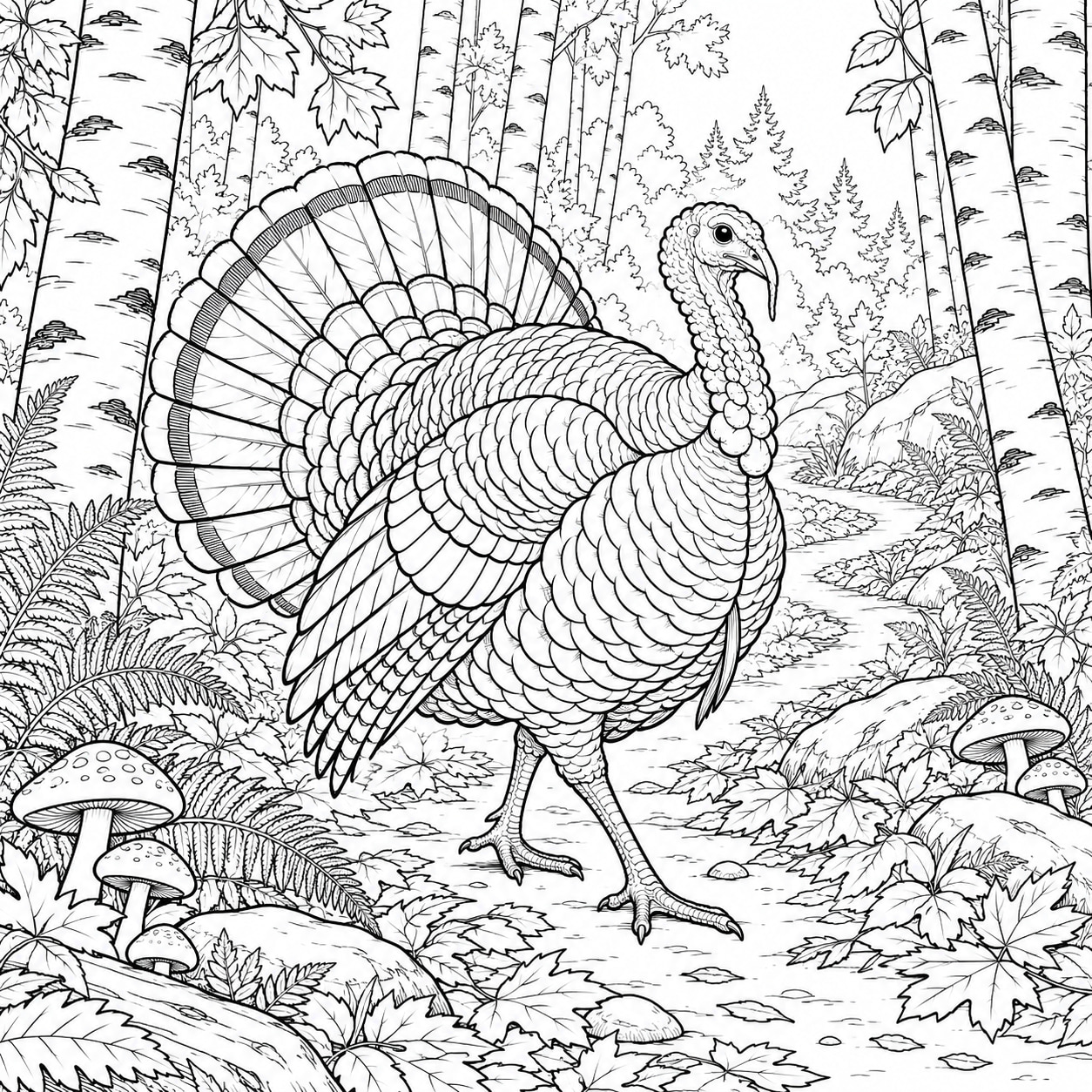 Black-and-white line art of a turkey walking along a curving woodland path with birch trunks, ferns, mushrooms, and fallen leaves.