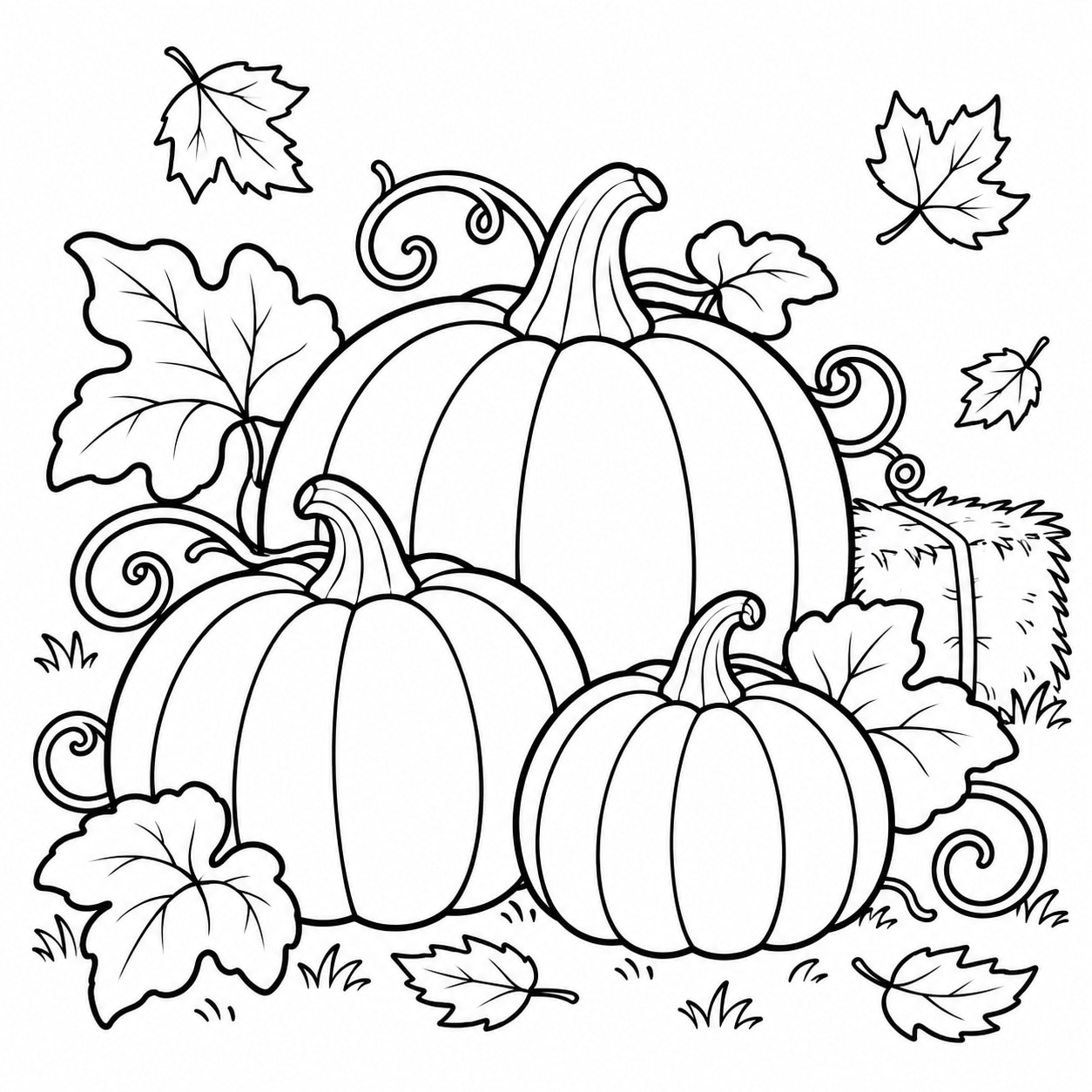 Black-and-white line drawing of three stacked pumpkins in graduated sizes with curling vines and leaves.