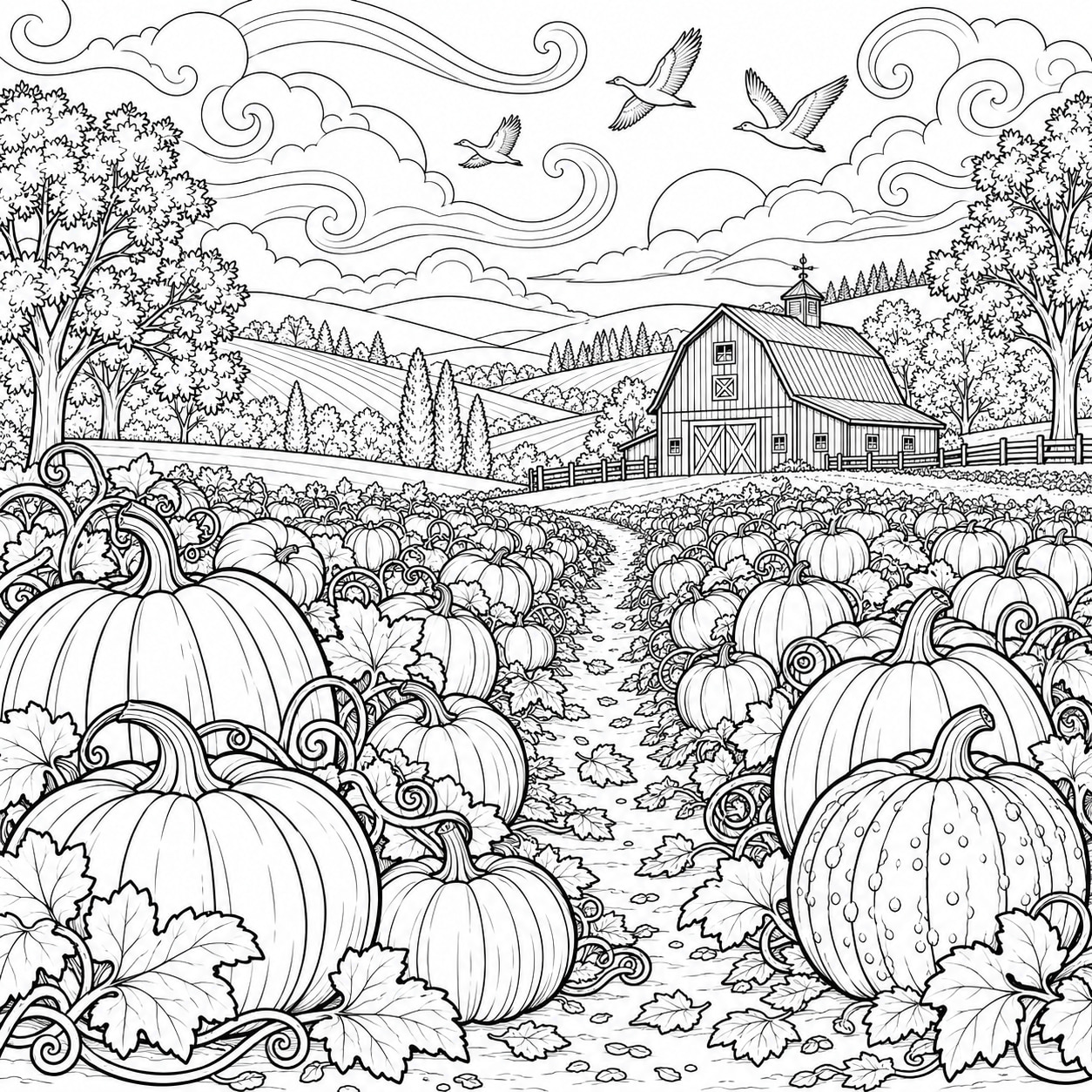 Black-and-white line art of a pumpkin patch with rows of varied pumpkins leading to a small barn under a swirling patterned sky.
