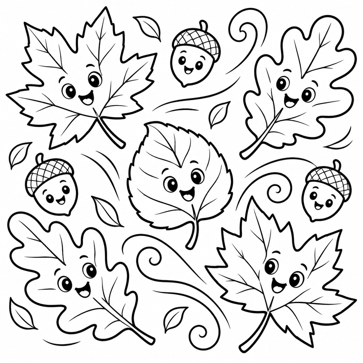Black-and-white line drawing of six large autumn leaves and three acorns drifting down with bold swirling wind lines.