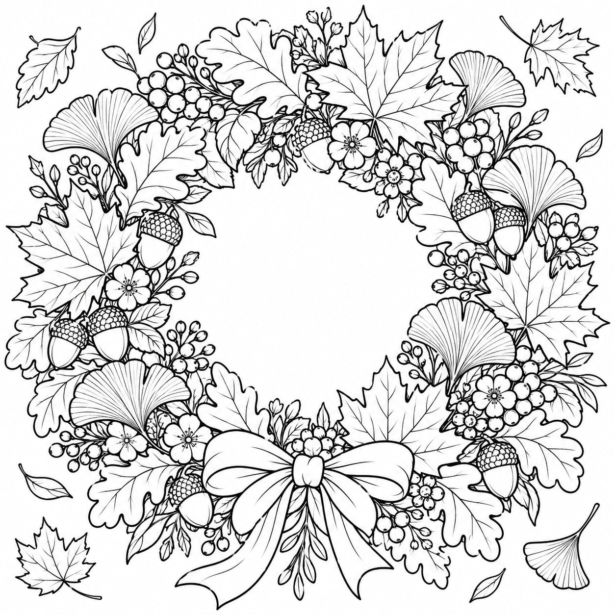 Black-and-white line art of a round wreath of oak, maple, and ginkgo leaves with berries, blossoms, acorns, and a plain bow.