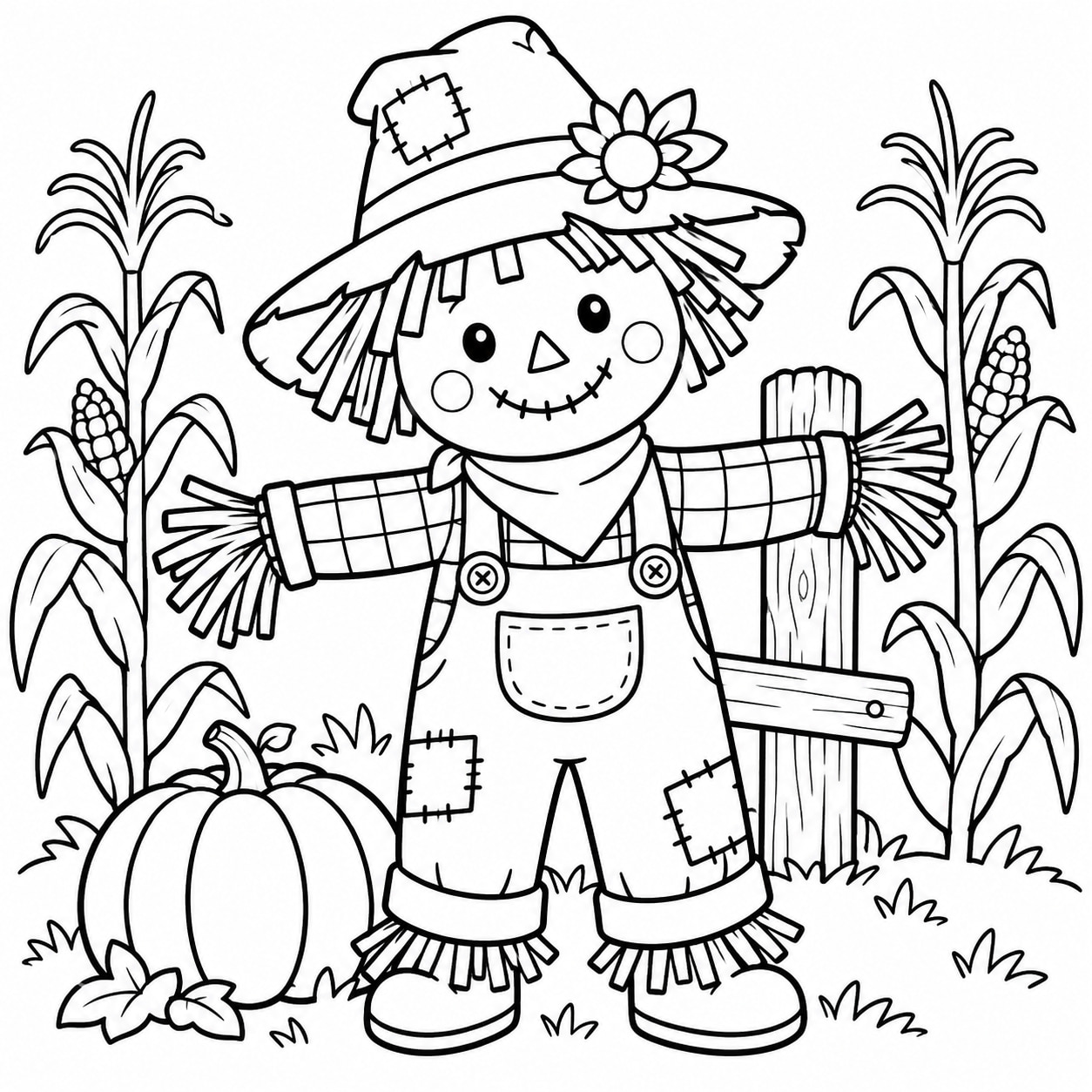 Black-and-white line drawing of a smiling scarecrow in a patched hat beside a small pumpkin and simple cornstalks.