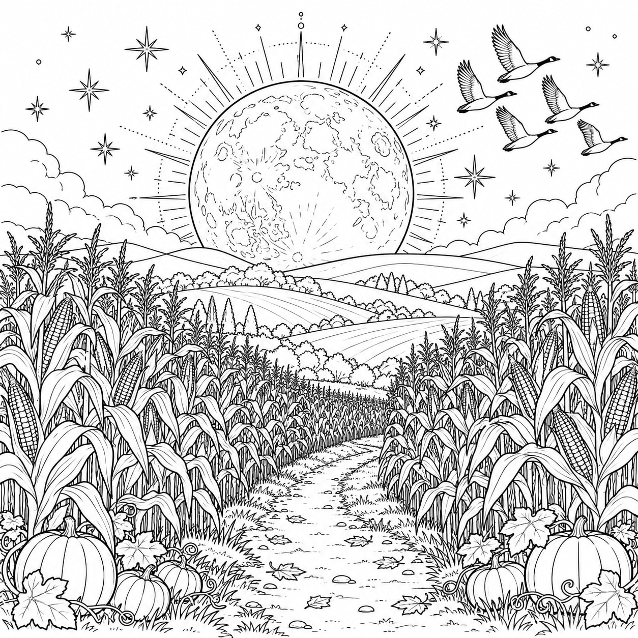 Black-and-white line art of a large harvest moon with ornamental rays above cornstalk rows, rolling hills, and a winding path.