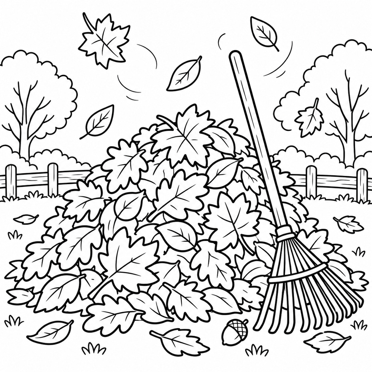 Black-and-white line drawing of a large pile of autumn leaves with a rake leaning on it and a few leaves floating above.