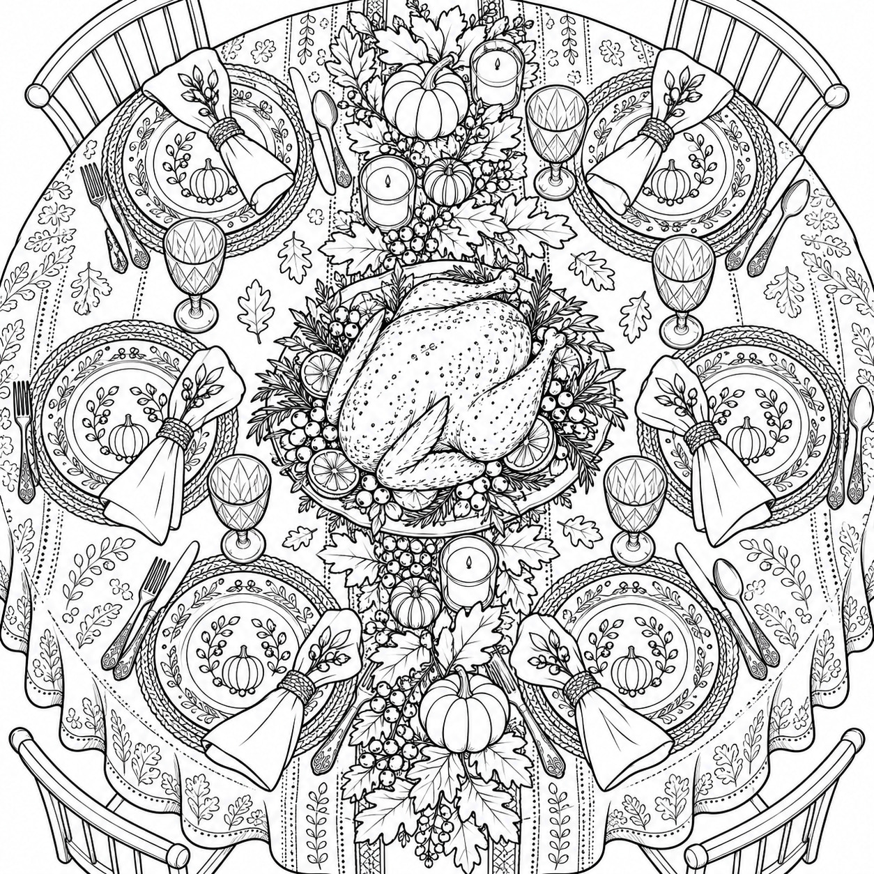 Black-and-white line art of a round Thanksgiving table from above with patterned placemats, plates, candles, a leaf runner, and a roast turkey.