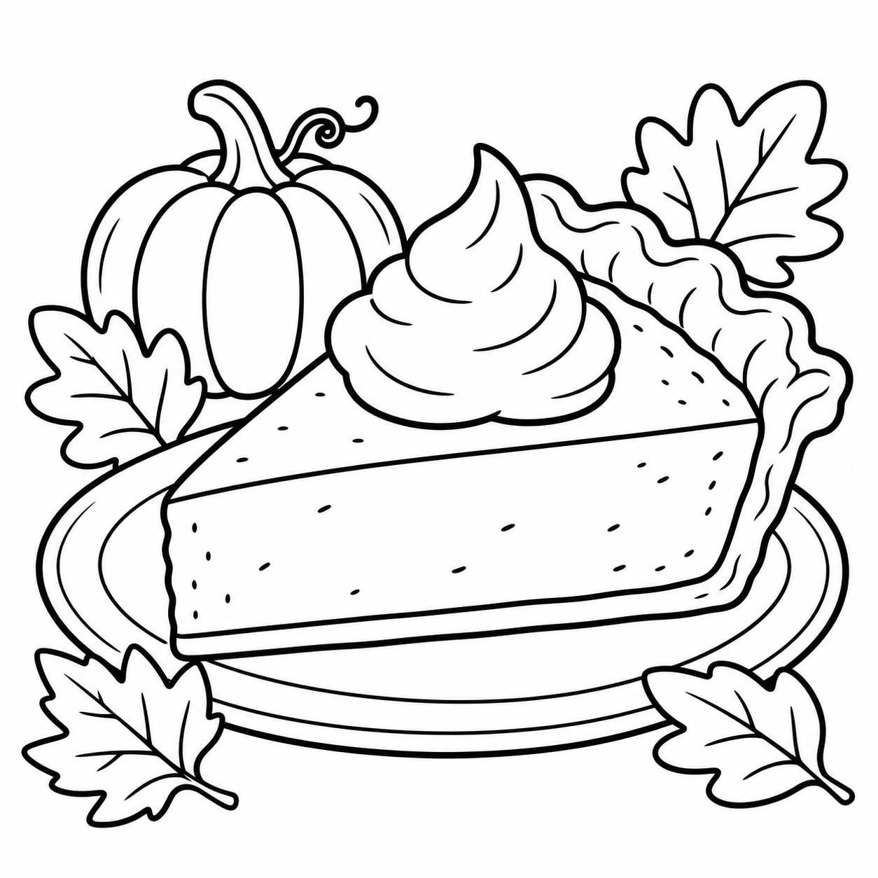 Black-and-white line drawing of one pumpkin pie slice with a whipped cream swirl and a crimped crust on a small plate.