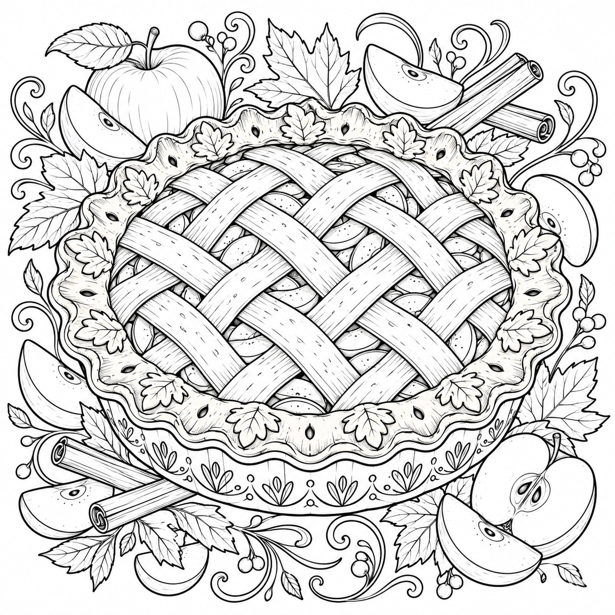 Black-and-white line art of a whole pie with an interwoven lattice crust, leaf cut-outs on the rim, and apple slices around it.