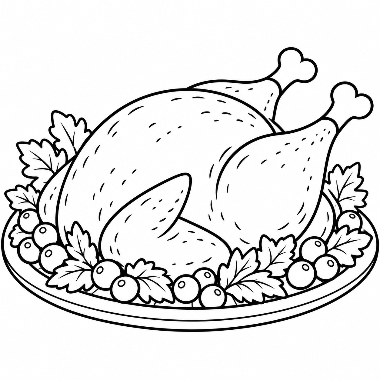 Black-and-white line drawing of a roast turkey with two drumsticks on a large oval platter with leaves and round berries.