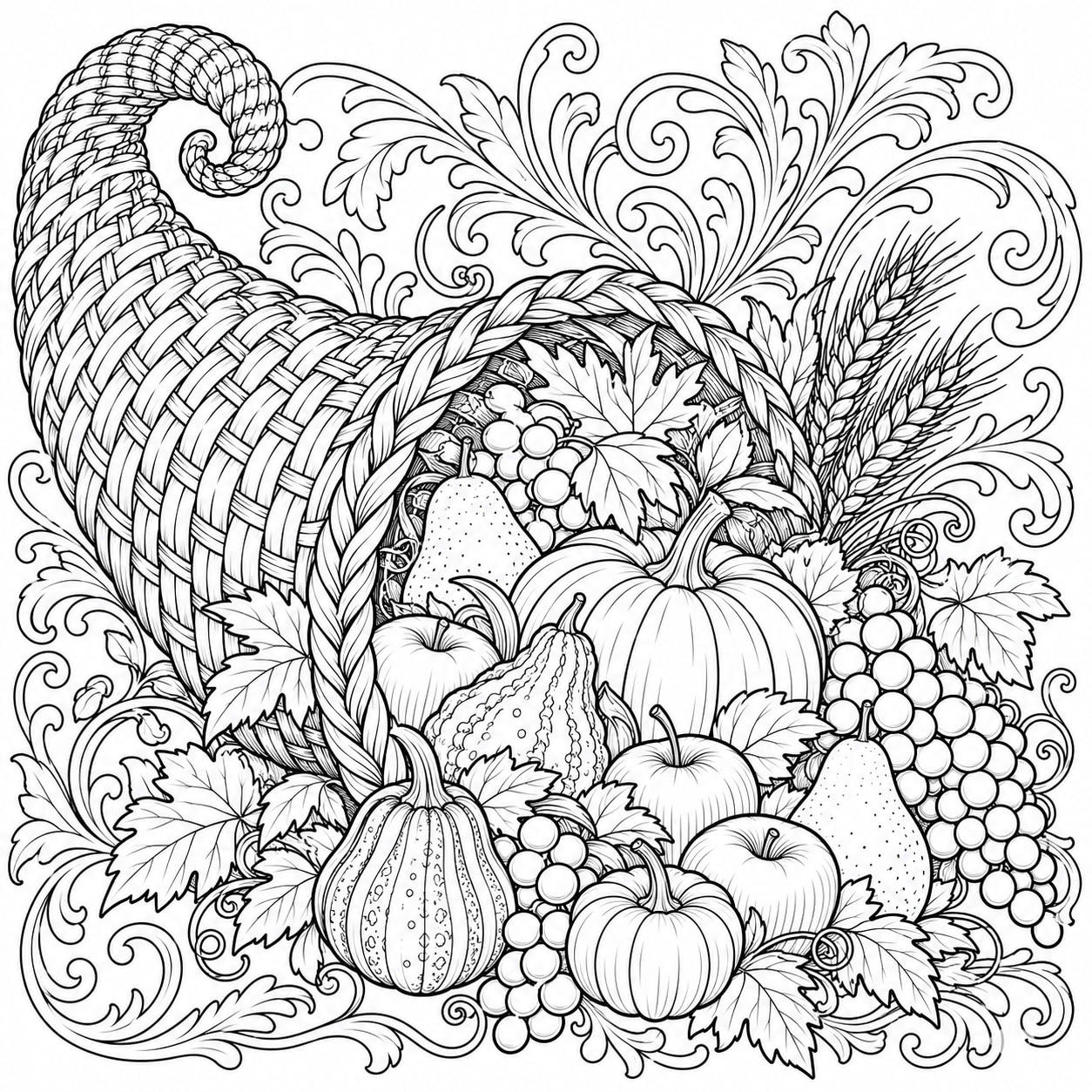 Black-and-white line art of a woven cornucopia overflowing with gourds, apples, pears, grapes, wheat, and leaves with scrollwork behind.