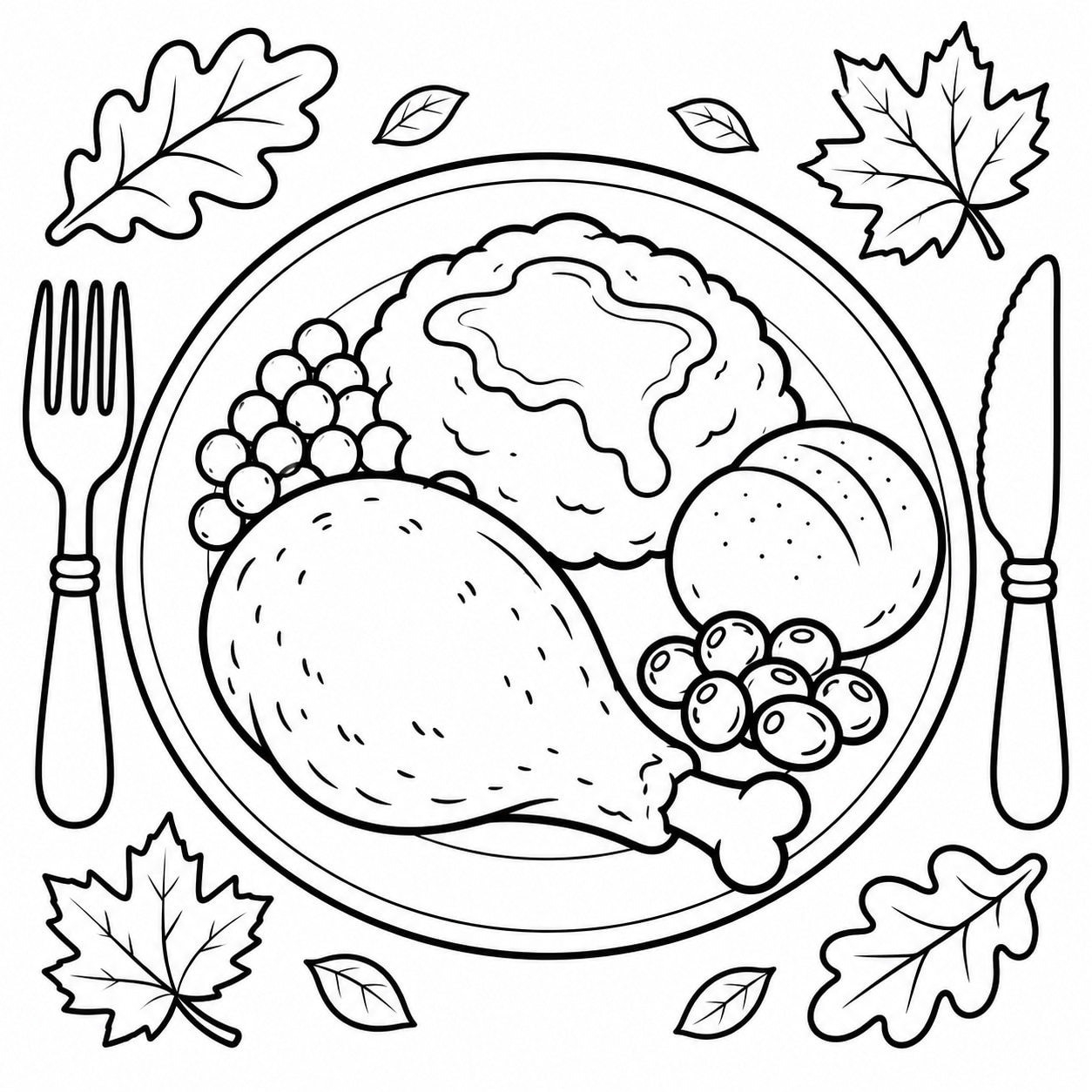 Black-and-white line drawing of a dinner plate with a turkey leg, mashed potatoes with gravy, peas, a roll, and cranberries beside a fork and knife.
