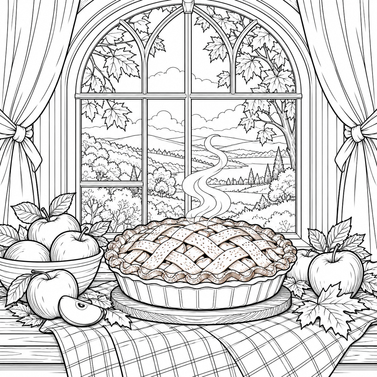 Black-and-white line art of an apple pie with steam curls on an arched windowsill with curtains and a view of leafy trees and hills.