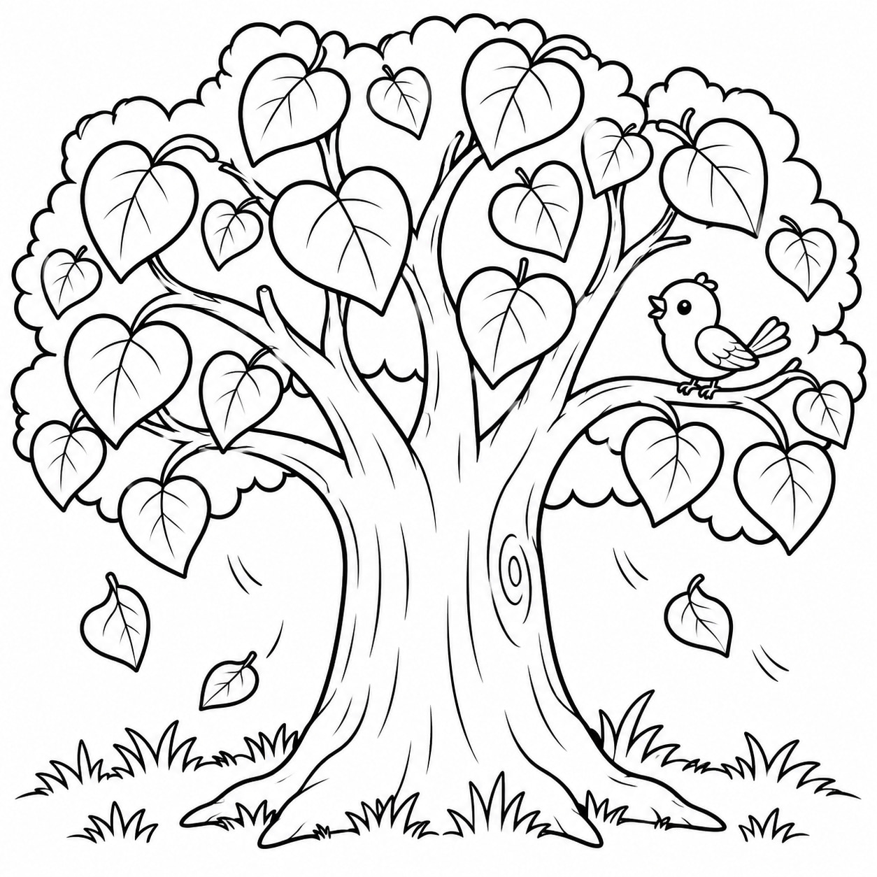 Black-and-white line drawing of a wide tree with heart-shaped leaves, a few falling leaves, and a small bird on a branch.