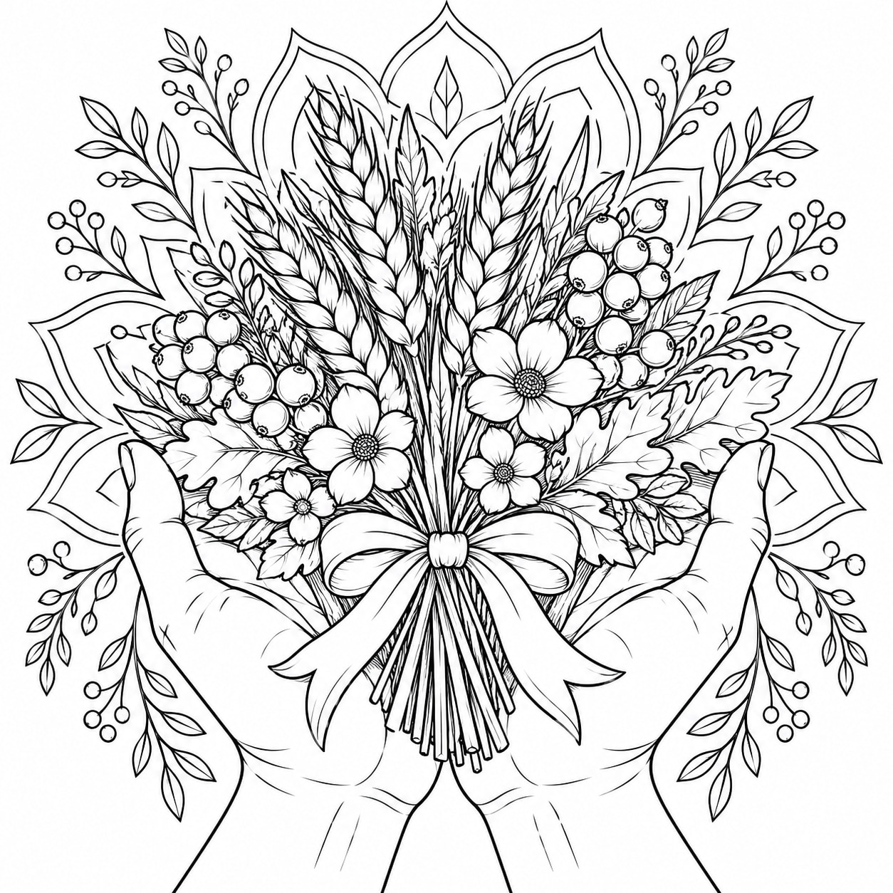Black-and-white line art of two open hands holding a bouquet of wheat, berries, small flowers, and leaves tied with a ribbon.