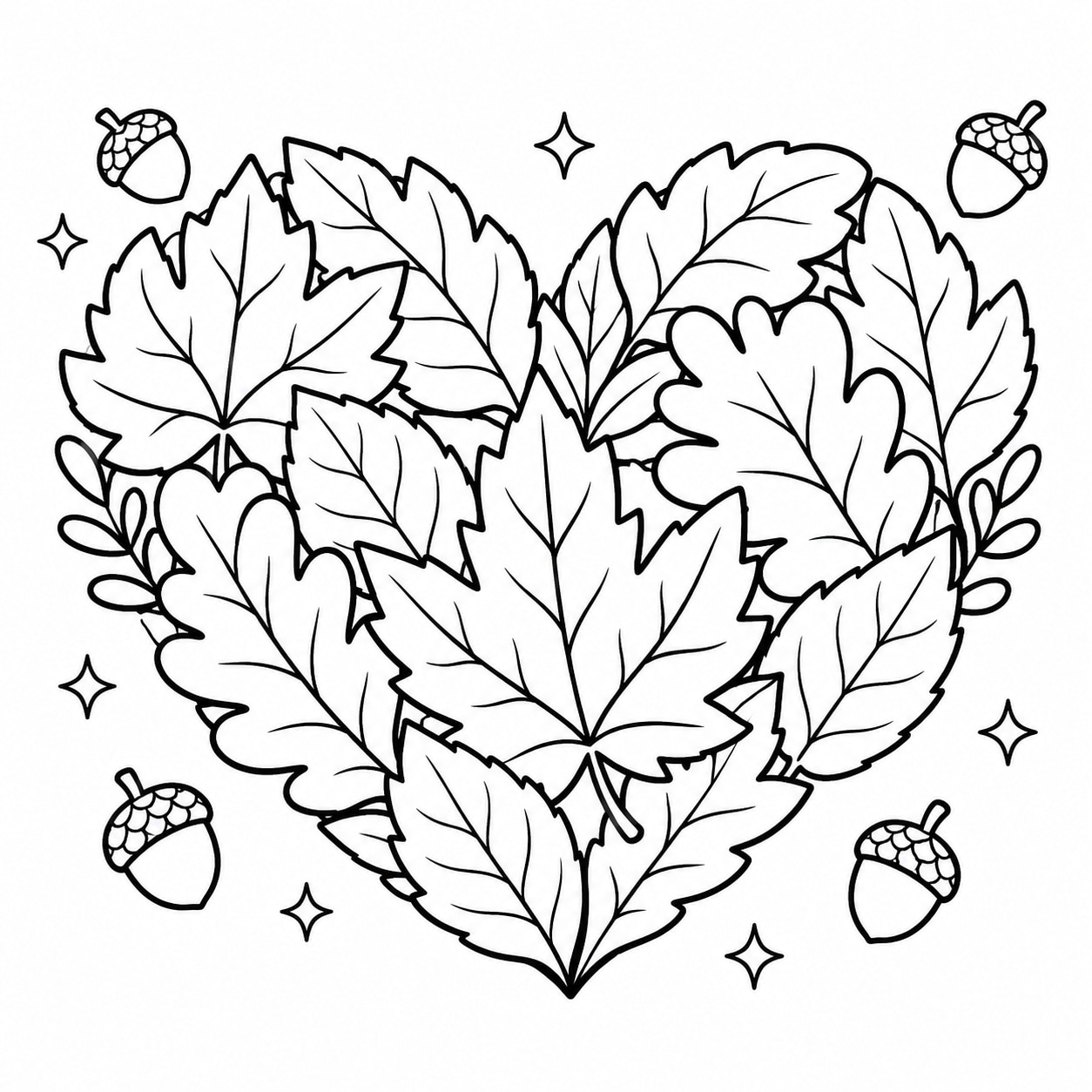 Black-and-white line drawing of a large heart formed by overlapping autumn leaves with small acorns and star-shaped sparkles.