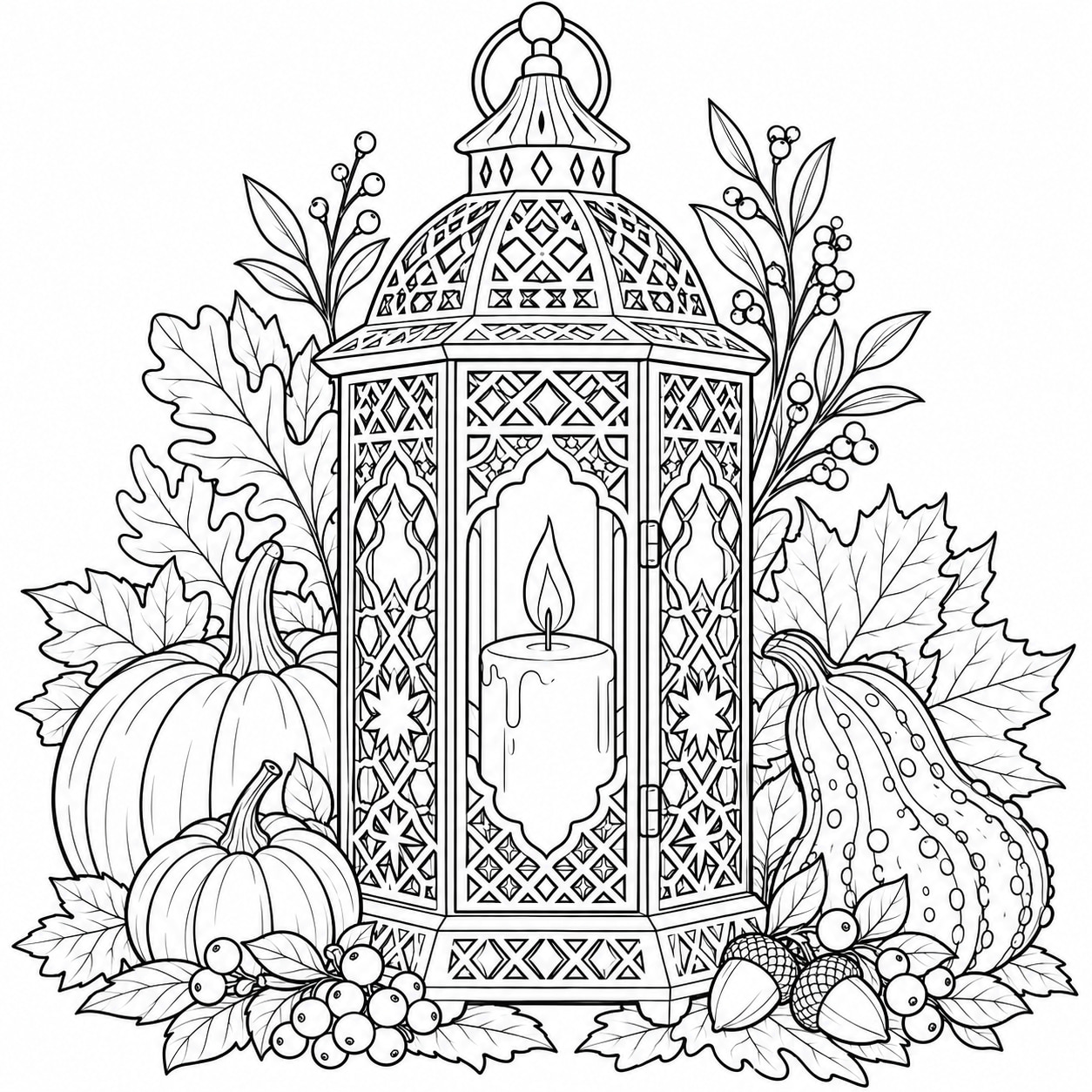 Black-and-white line art of a tall ornate lantern with geometric cut-out patterns and a candle surrounded by gourds, berries, and leaves.