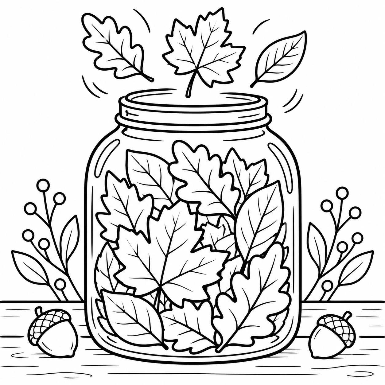 Black-and-white line drawing of an open glass jar filled with different leaf shapes and a few leaves floating above it.
