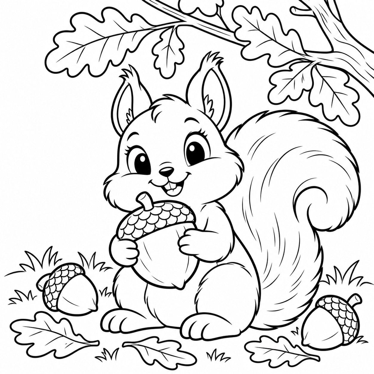 Black-and-white line drawing of a sitting squirrel holding a large acorn, with a fluffy swirled tail and an oak branch above.