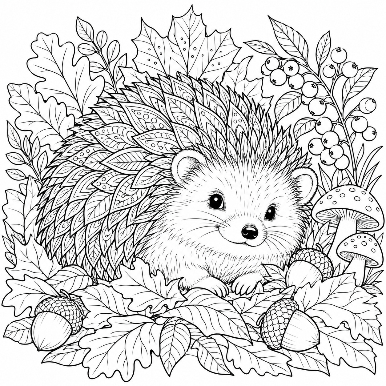 Black-and-white line art of a hedgehog with patterned layered spines among fallen leaves, acorns, mushrooms, and a berry branch.
