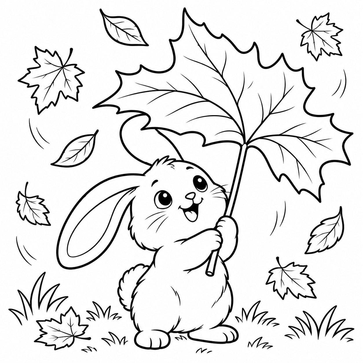 Black-and-white line drawing of a round bunny with long ears holding a big maple leaf like an umbrella while leaves fall around it.