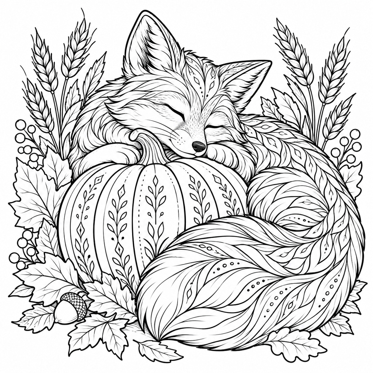 Black-and-white line art of a fox curled around a large pumpkin with a patterned bushy tail, leaves, and wheat sprigs.
