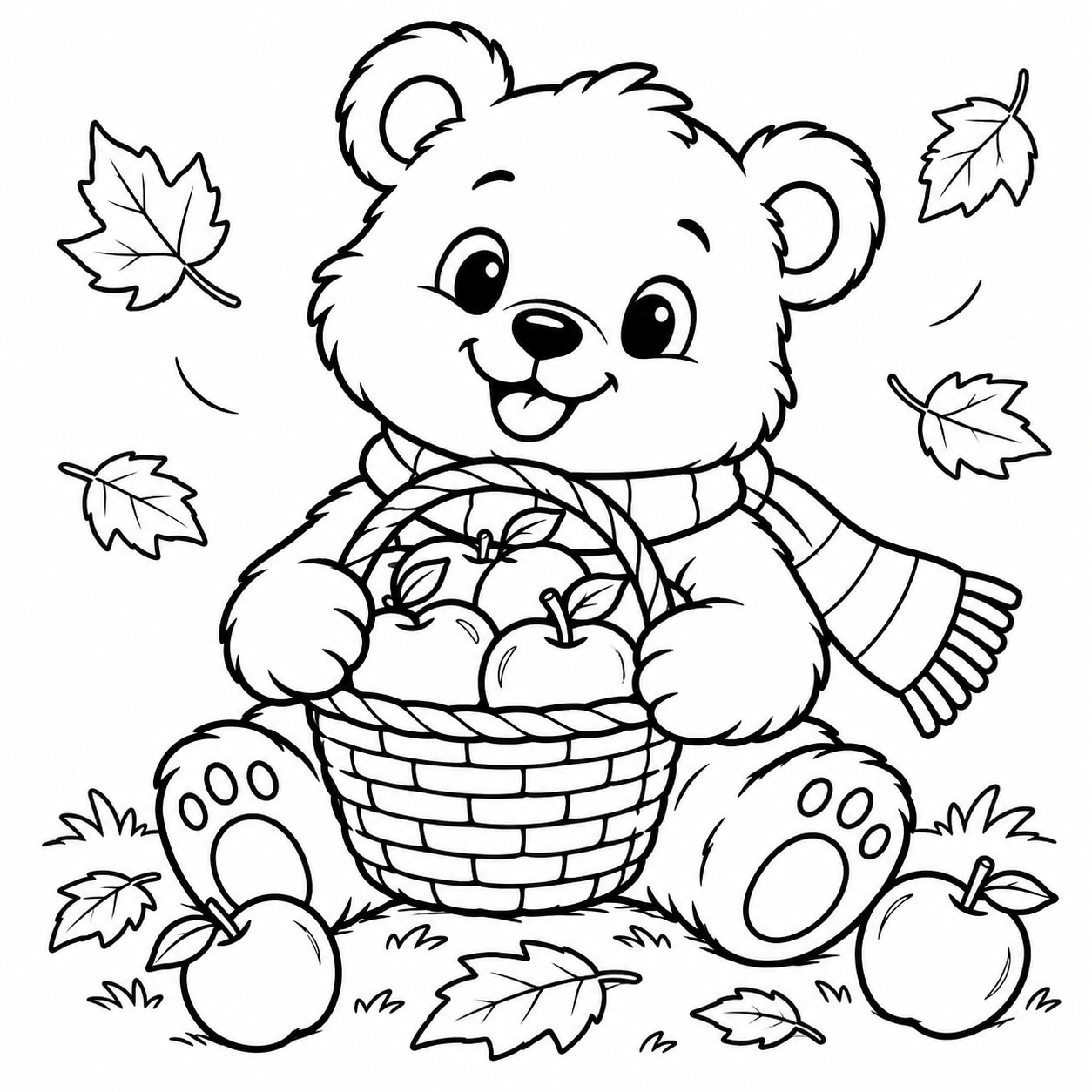 Black-and-white line drawing of a sitting bear cub in a scarf holding a woven basket full of apples, with a few leaves nearby.