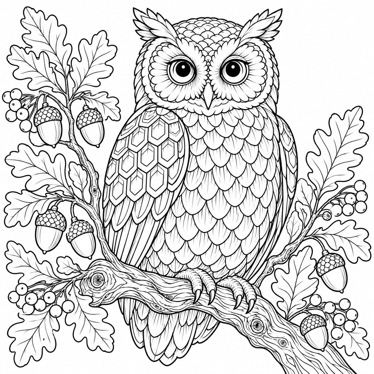 Black-and-white line art of an owl on a branch with scalloped feather rows, large eyes, oak leaves, and acorns.