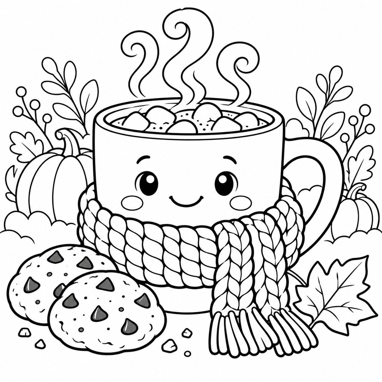 Black-and-white line drawing of a large mug with swirling steam and a knitted scarf wrapped around it, beside two cookies and a leaf.