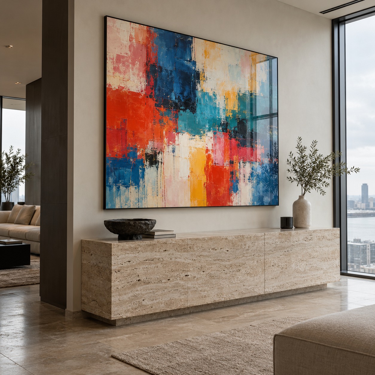 Bold color print in a slim black frame with a restrained white mat