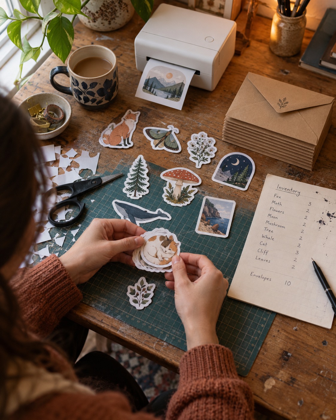 Small-Batch Custom Sticker Order Independent illustrator counting a small batch of custom stickers for a market | Sky Rye Design Independent illustrator counting a small batch of custom stickers for a market