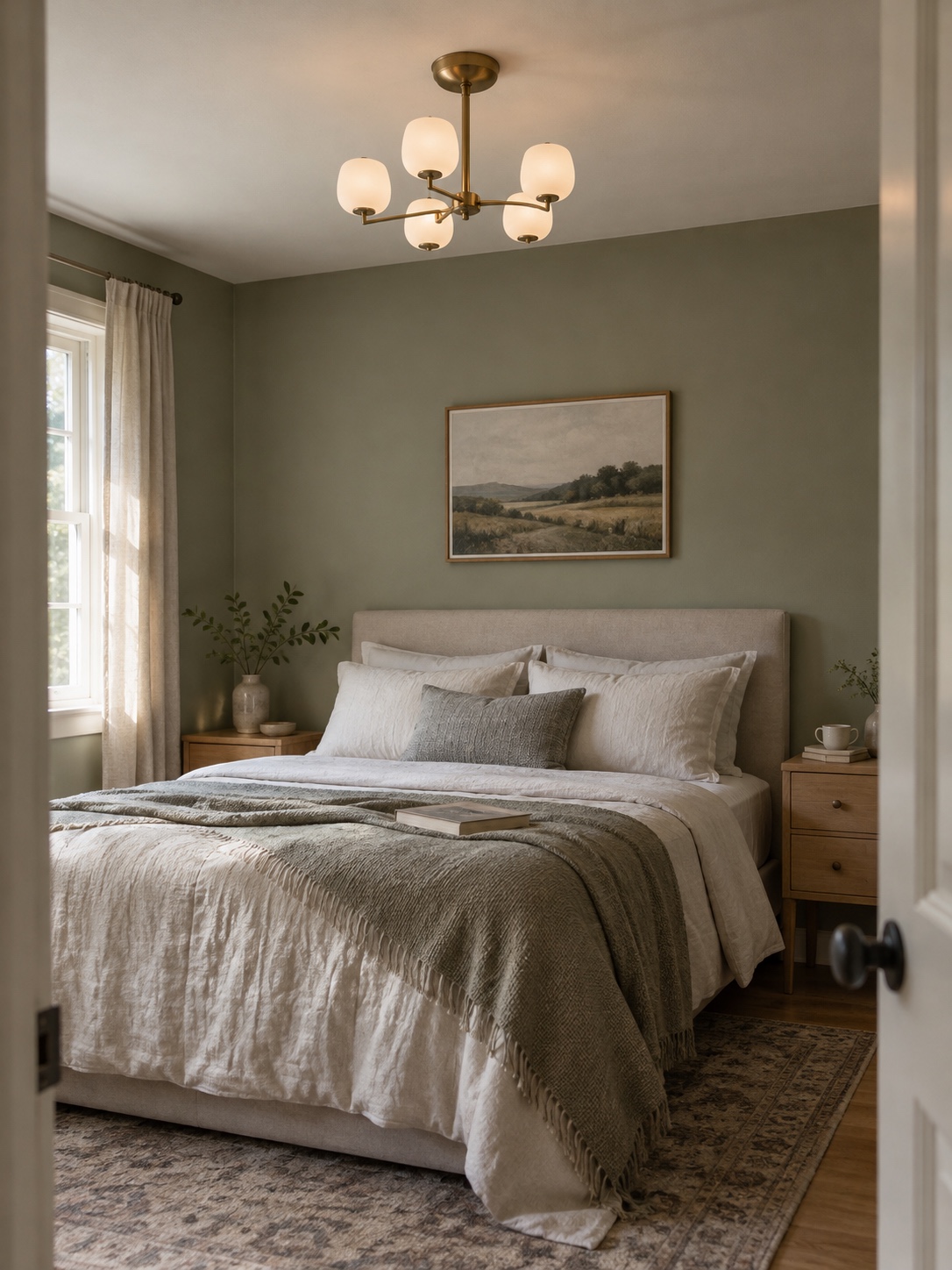 Compact frosted glass chandelier in a calm contemporary bedroom
