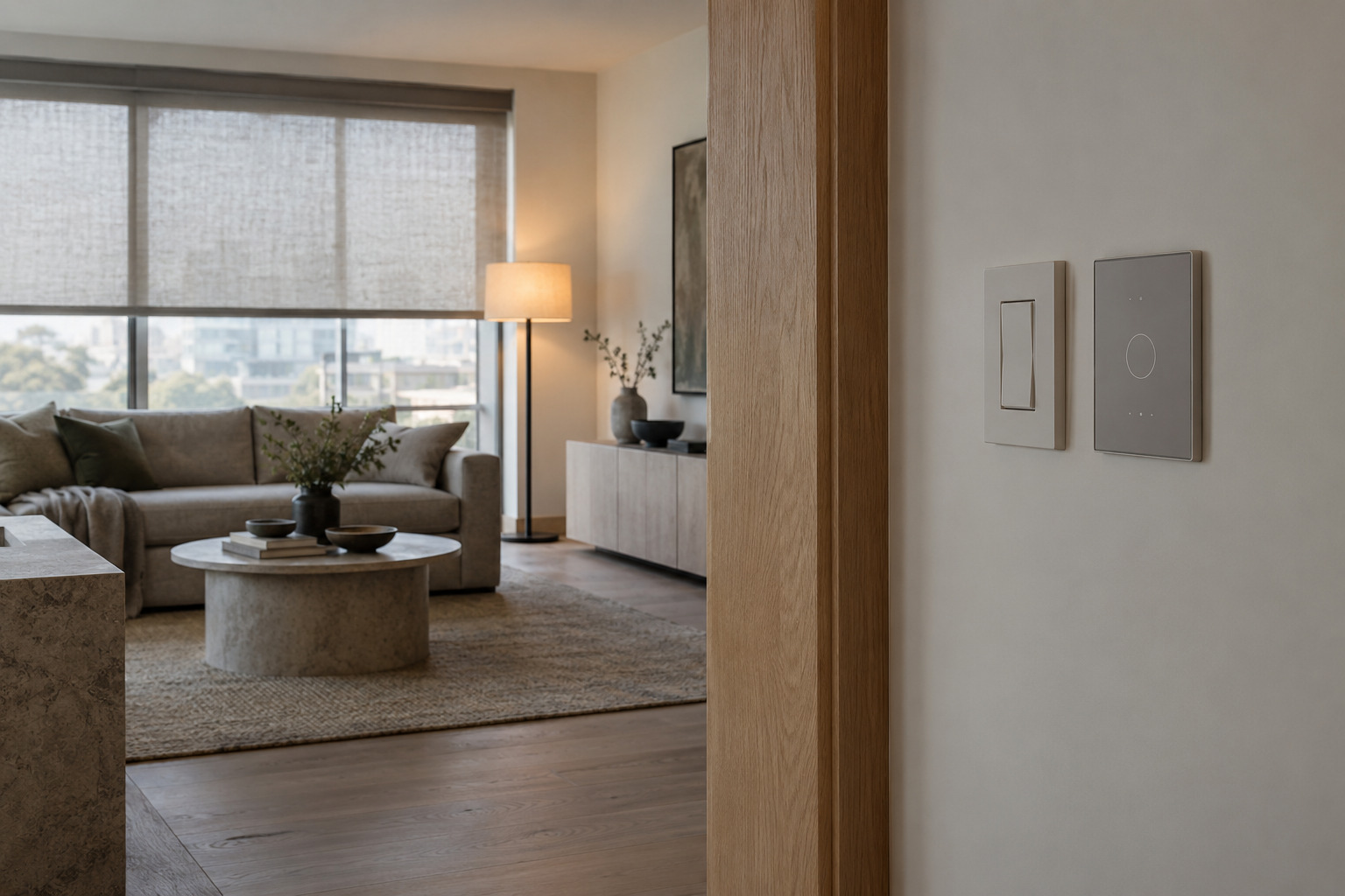 Discreet wall lighting and temperature controls in a modern apartment living room