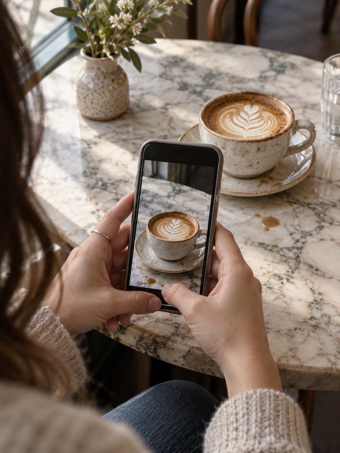 Smartphone photography Hands holding a phone low near a café table edge to frame a coffee cup with foreground depth | Sky Rye Design Hands holding a phone low near a café table edge to frame a coffee cup with foreground depth