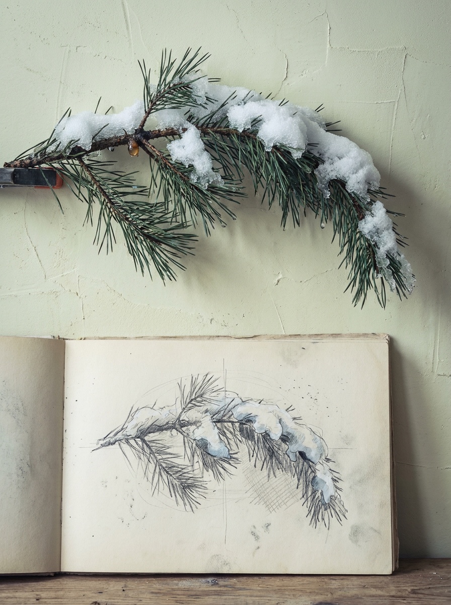 Snow-covered pine branch study Pencil study of a snow-covered pine branch beside the real snow-laden branch | Sky Rye Design Pencil study of a snow-covered pine branch beside the real snow-laden branch