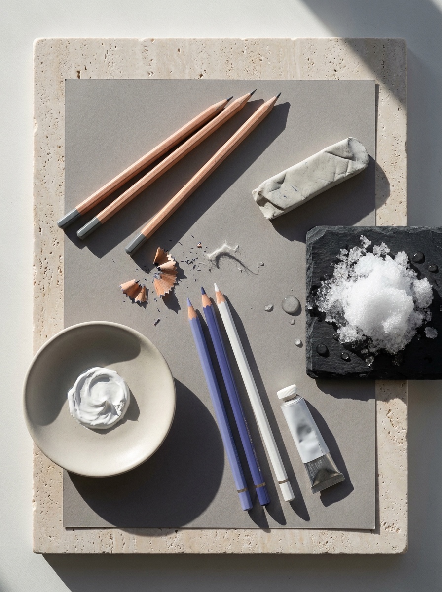 Materials still life Snow drawing materials: graphite pencils, kneaded eraser, toned paper, blue-violet pencils, white gouache | Sky Rye Design Snow drawing materials: graphite pencils, kneaded eraser, toned paper, blue-violet pencils, white gouache