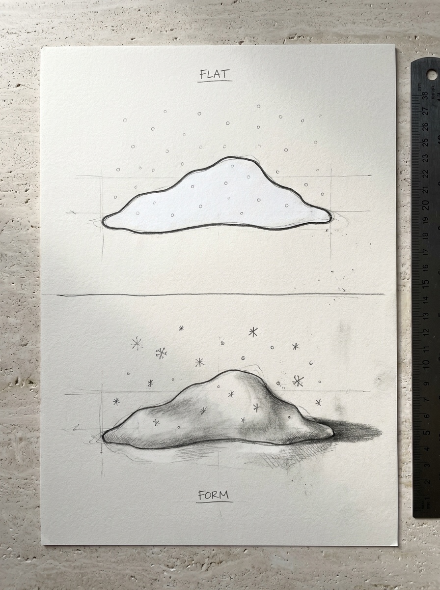 Common mistakes comparison sheet Side-by-side drawings comparing a flat outlined snowbank with a shaded snowbank showing volume | Sky Rye Design Side-by-side drawings comparing a flat outlined snowbank with a shaded snowbank showing volume