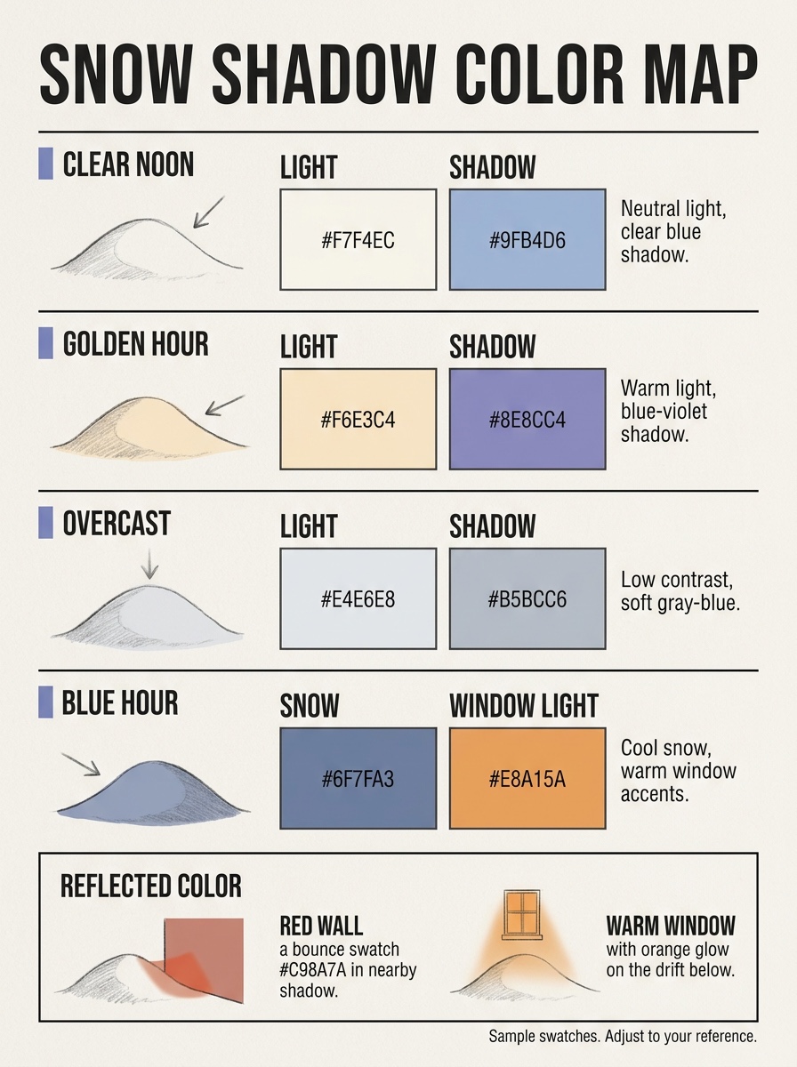 Snow shadow color map Snow shadow color map comparing clear noon, golden hour, overcast, blue hour, and reflected color | Sky Rye Design Snow shadow color map comparing clear noon, golden hour, overcast, blue hour, and reflected color