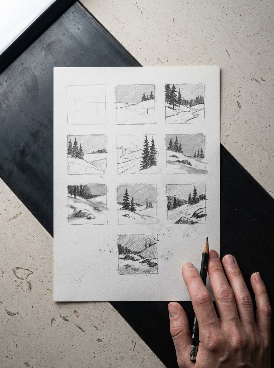 Three-value thumbnail sheet Nine small three-value graphite thumbnails of snowy scenes on a steel and stone workspace | Sky Rye Design Nine small three-value graphite thumbnails of snowy scenes on a steel and stone workspace