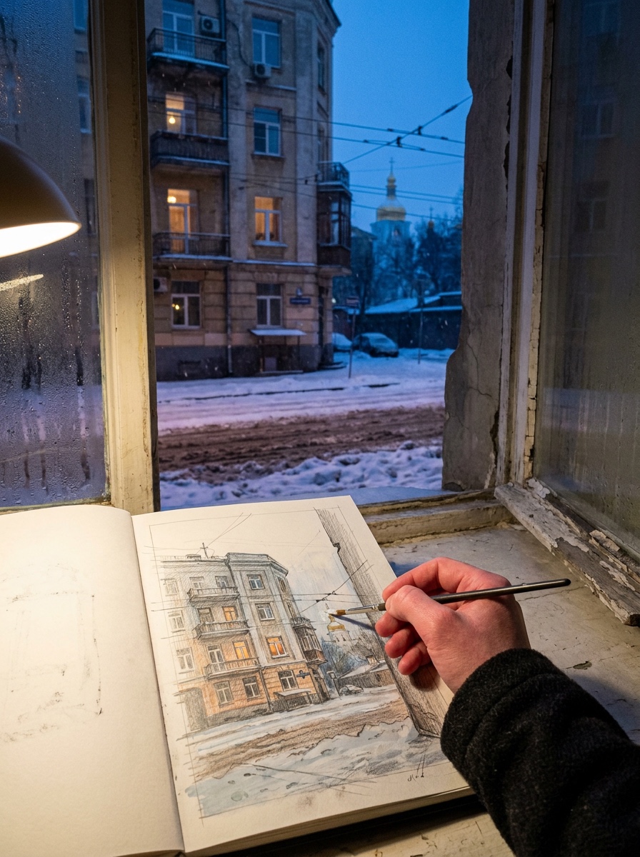 Kyiv-inspired urban sketch at blue hour Artist adding white gouache accents to a snowy city sketch at blue hour with warm windows | Sky Rye Design Artist adding white gouache accents to a snowy city sketch at blue hour with warm windows