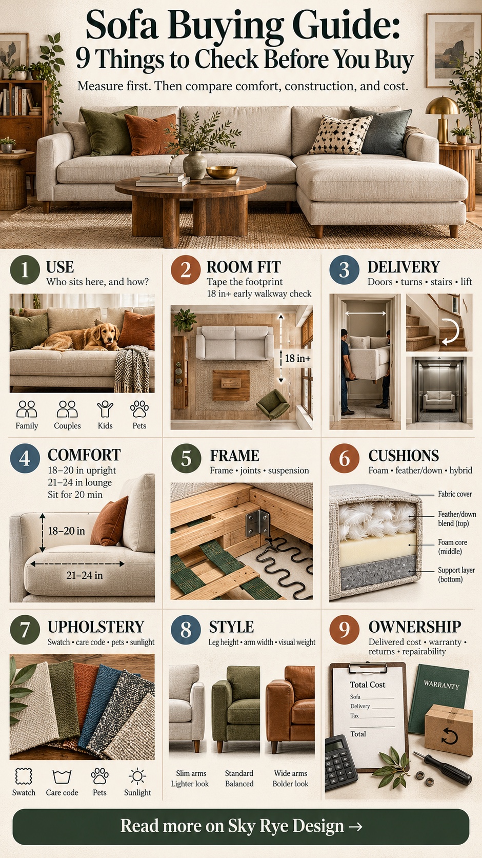 Sofa Buying Guide Checklist Infographic Sofa buying guide infographic showing room measurements, delivery access, seat depth, frame, cushions, upholstery, style, cost, warranty, and returns | Sky Rye Design Sofa buying guide infographic showing room measurements, delivery access, seat depth, frame, cushions, upholstery, style, cost, warranty, and returns
