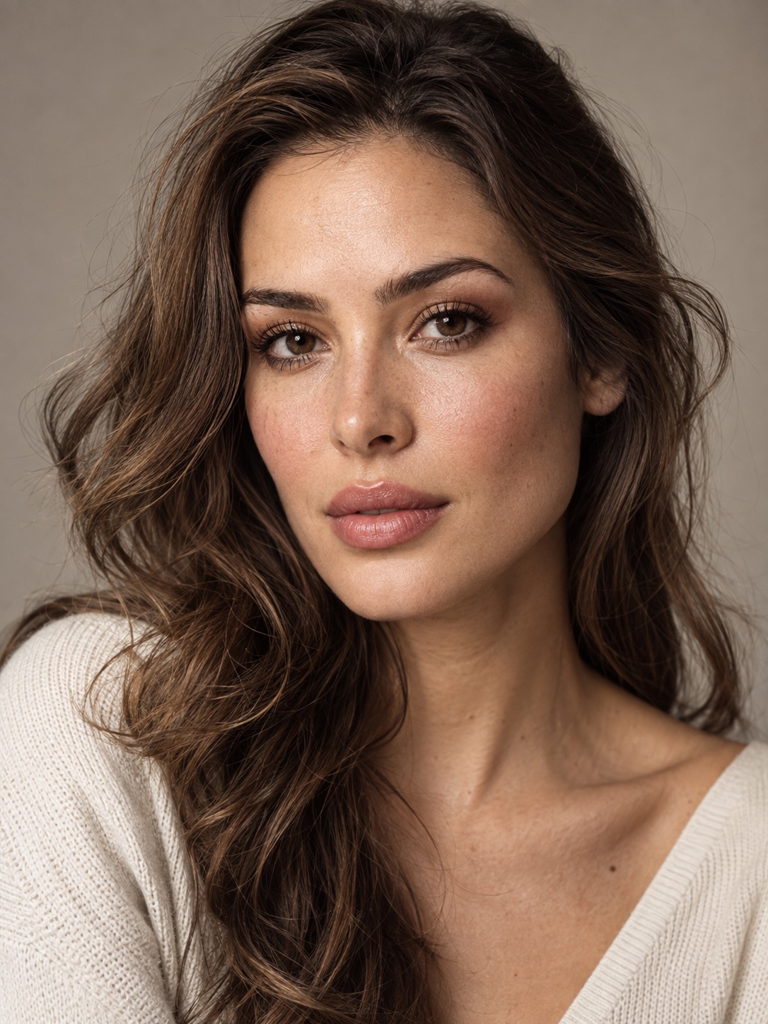Soft glam beauty editorial portrait Close-up portrait with soft glam makeup against a neutral studio background | Sky Rye Design Close-up portrait with soft glam makeup against a neutral studio background